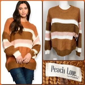 PEACH LOVE CALIFORNIA Camel Striped Color Block Chunky Knit Sweater - MEDIUM